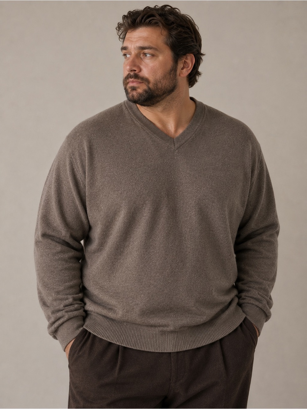 Mantovani studio Men's V-Neck Sweater 100% Italian cashmere Taupe XXL